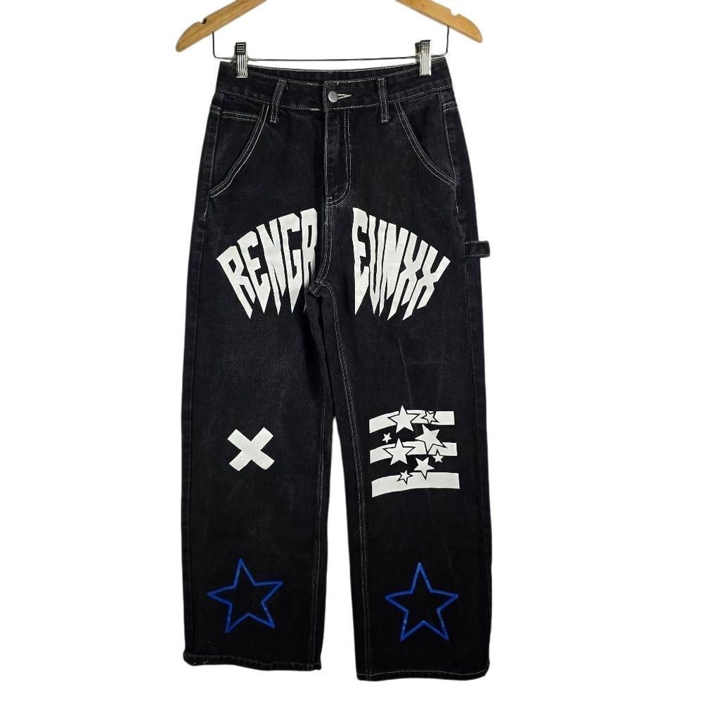 Mauv Studio Black Star Letter Graphic Cargo Jeans Size S - Picture 2 of 12